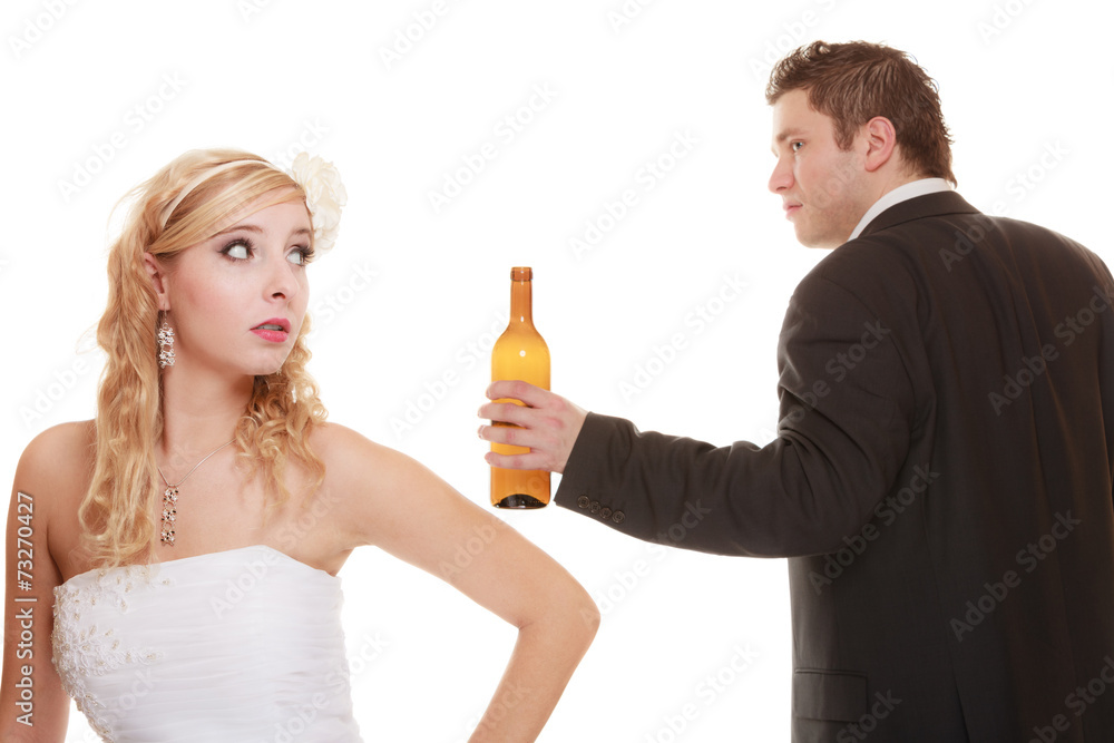 Wedding couple, bride with alcoholic drinking groom. Wedding couple, bride with alcoholic drinking groom.