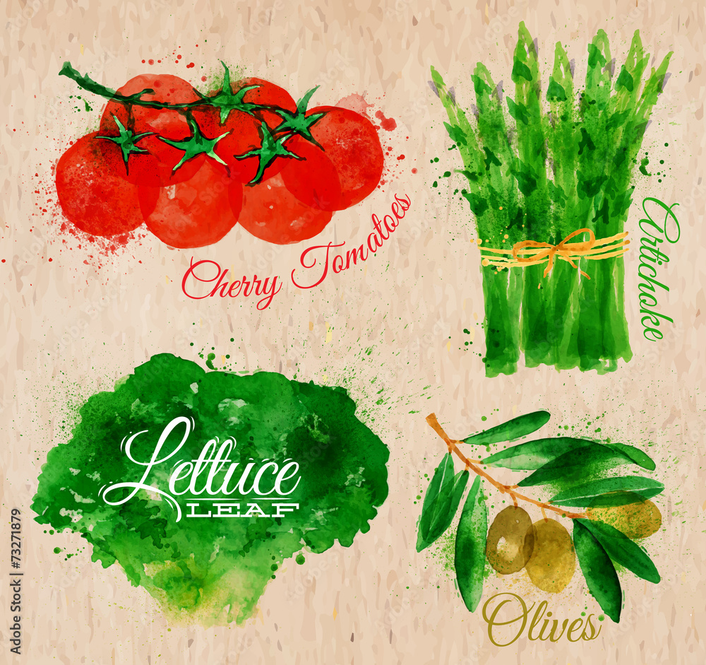 Vegetables watercolor lettuce, cherry tomatoes, asparagus, - obrazy, fototapety, plakaty 