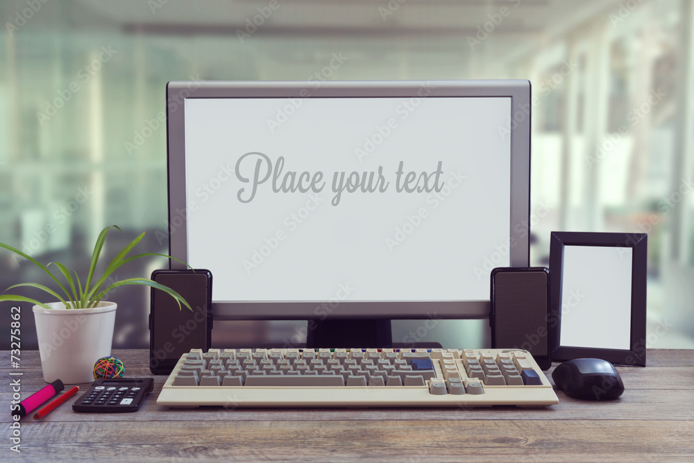 Office desk mock up with blank screen Office desk mock up with blank screen