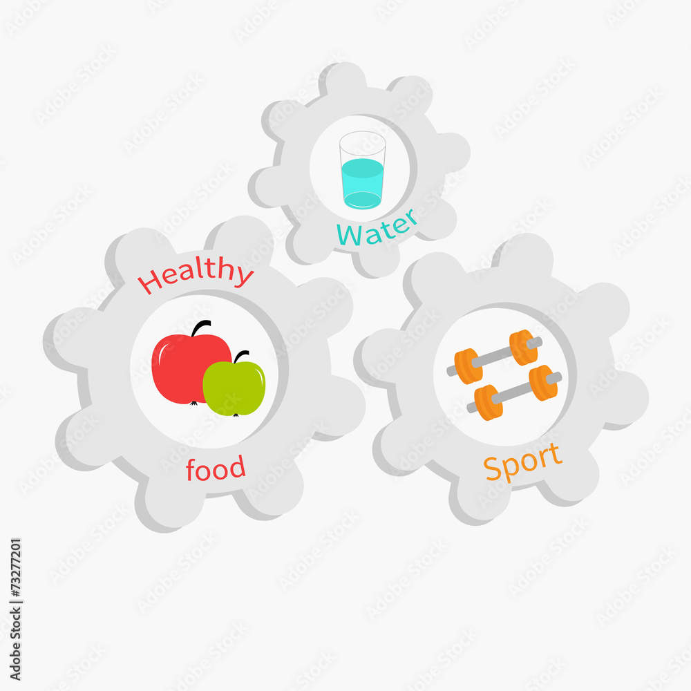 Cogwheel gear set water apple dumbell Healthy lifestyle Flat Cogwheel gear set water apple dumbell Healthy lifestyle Flat