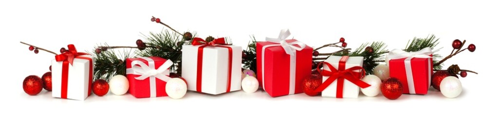 Christmas border of branches and red and white gifts