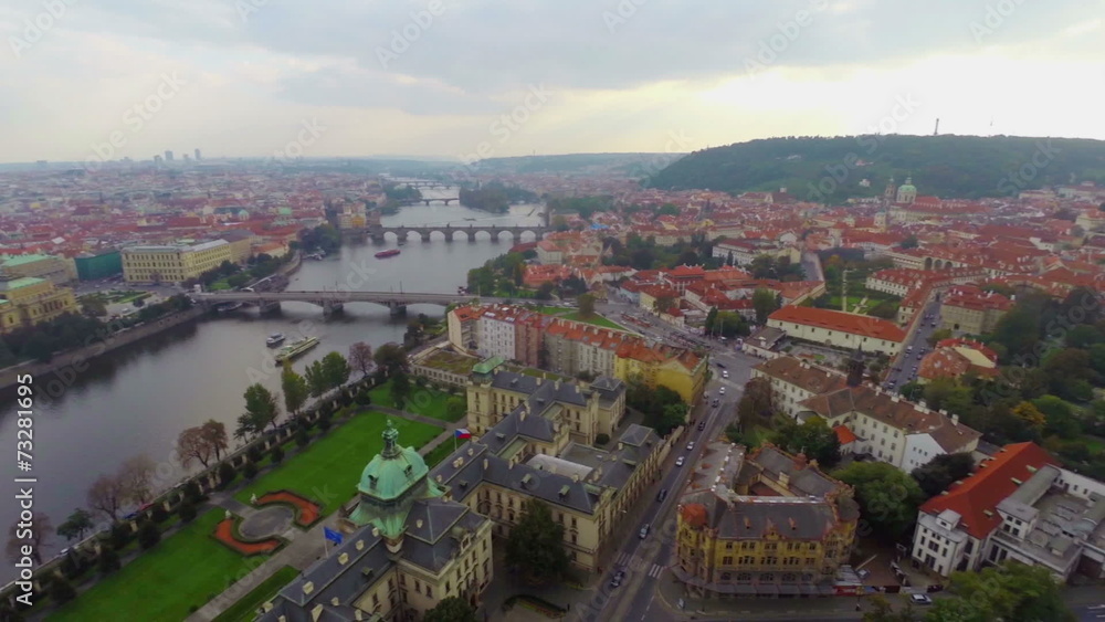Prague's old town fly through, narrow streets, red rooftops cars Prague's old town fly through, narrow streets, red rooftops cars