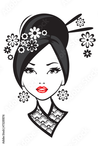 Black and white illustration of elegant Japanese woman.