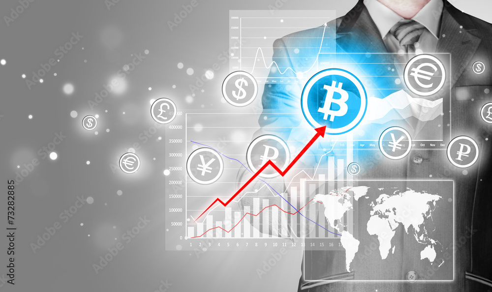 Choosing bitcoins, businessman pressing touch screen button. Choosing bitcoins, businessman pressing touch screen button.