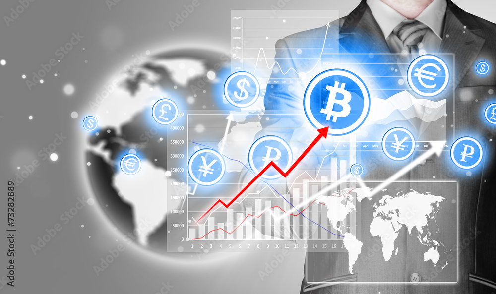 Choosing bitcoins, businessman pressing touch screen button. Choosing bitcoins, businessman pressing touch screen button.
