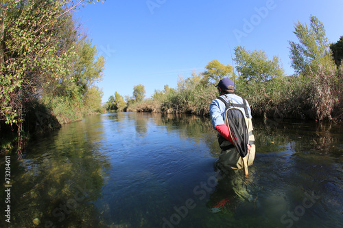 Fly fisherman fishing in low water river