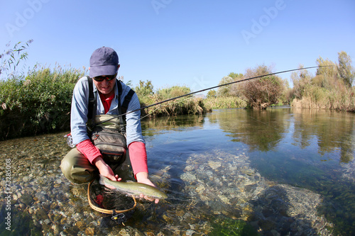 Fly fisherman catching a fario trout in river