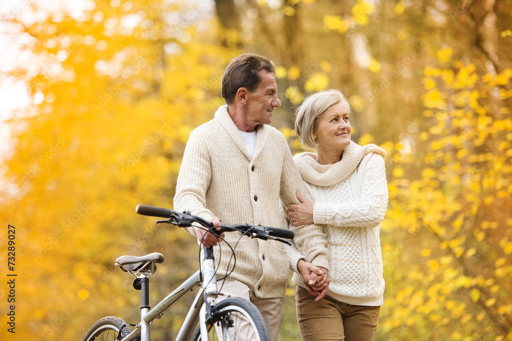 Naklejka premium Senior couple with bicycle in autumn park