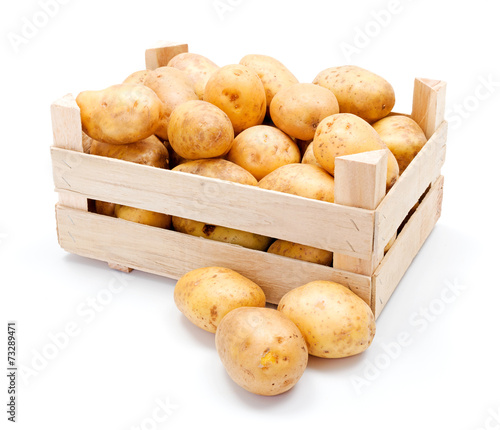 White potatoes in wooden crate