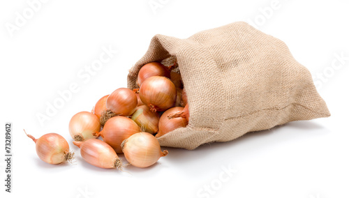 Yellow onions in burlap bag