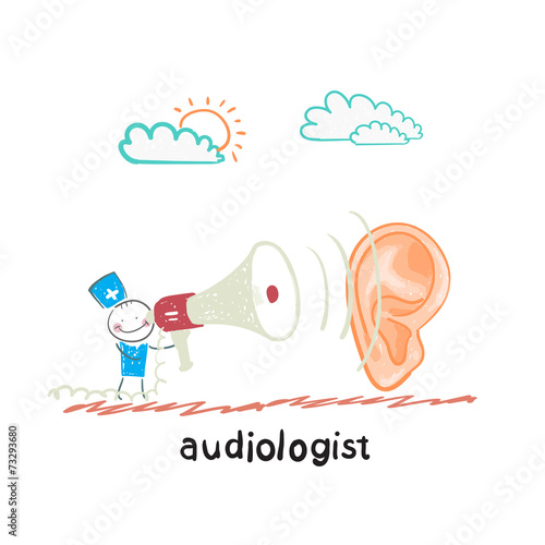 otolaryngologist yells into a megaphone on a large ear