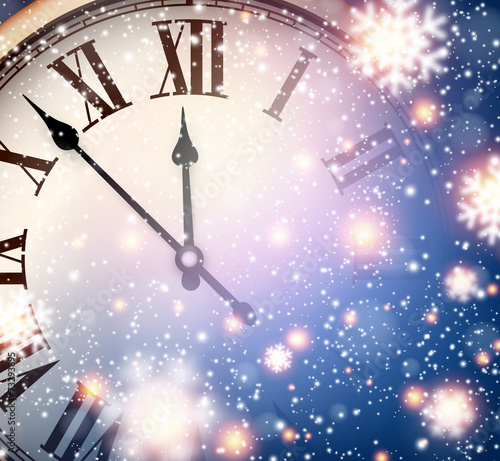 New year clock with snowy background.