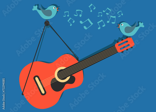 Guitar with singing birds vector music concept
