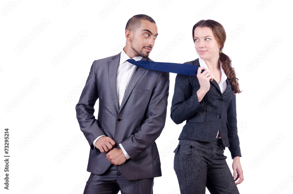 Office conflict between man and woman isolated on white Office conflict between man and woman isolated on white