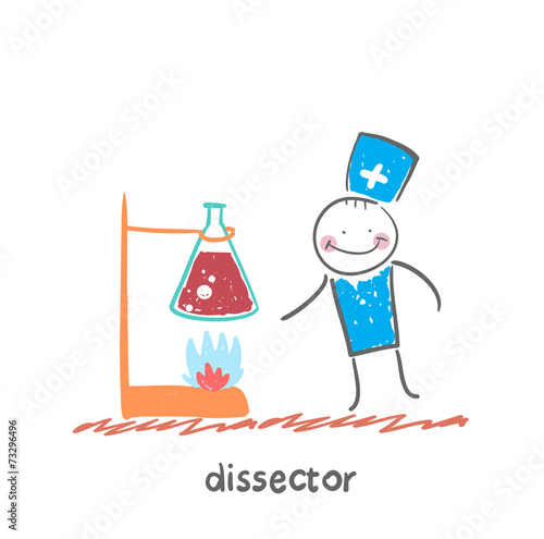 is standing next to flasks