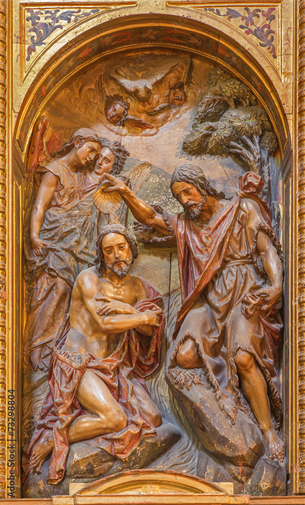 Seville - polychrome carved relief of the Baptism of Christ