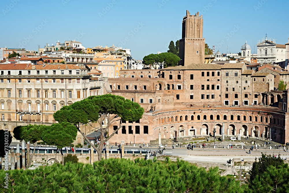 Historical ruins and monuments in streets of Rome