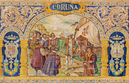 Seville - The Coruna province tiled on the Plaza de Espana
