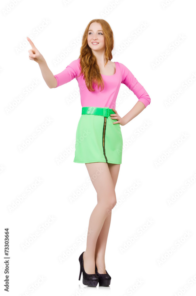 Woman pressing virtual button isolated on white Woman pressing virtual button isolated on white