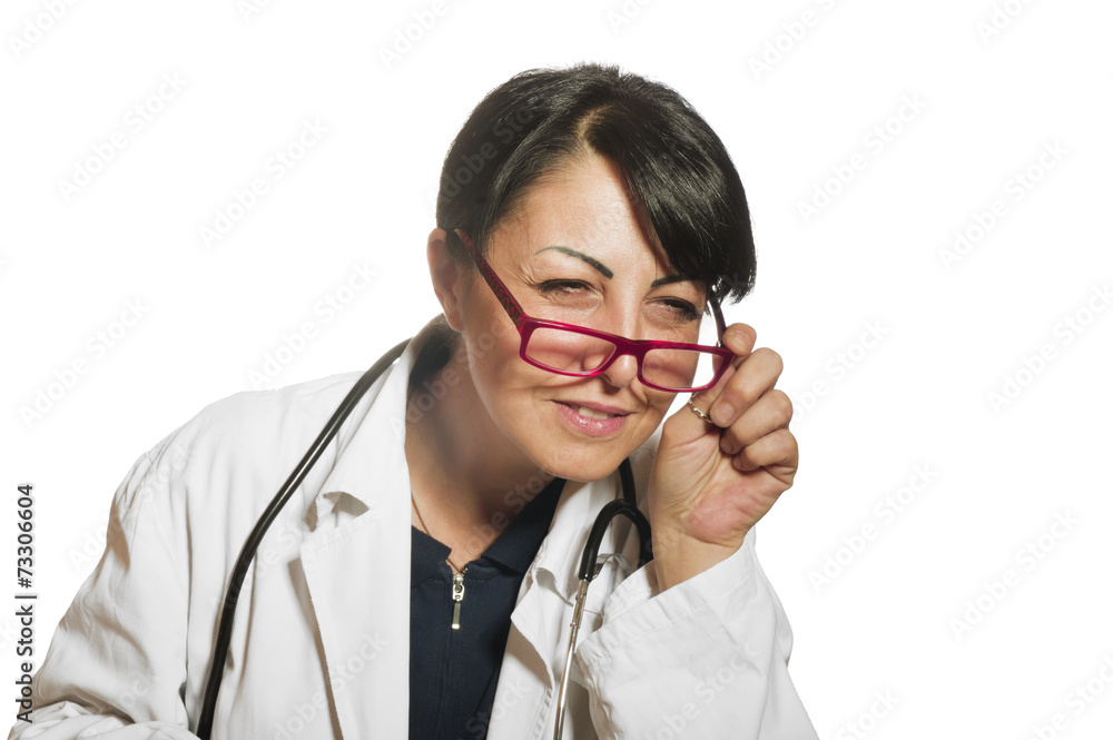 A female optician with eye test showing glasses A female optician with eye test showing glasses