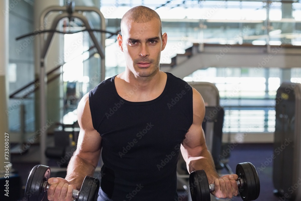 Muscular man exercising with dumbbells in gym Muscular man exercising with dumbbells in gym