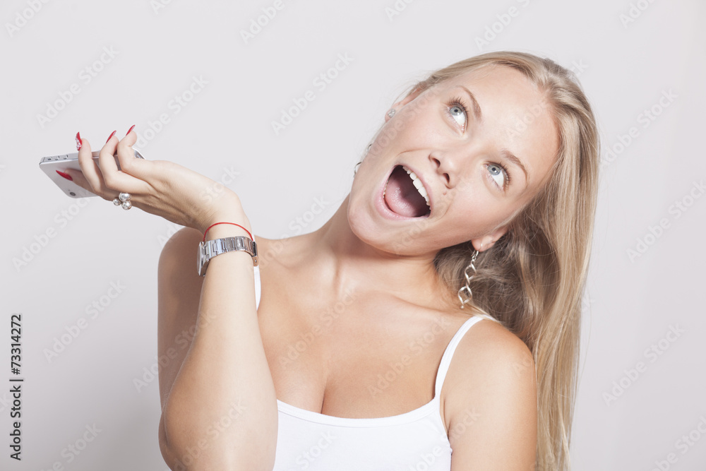 Young Teenager Woman hold smartphone phone Young Teenager Woman hold smartphone phone
