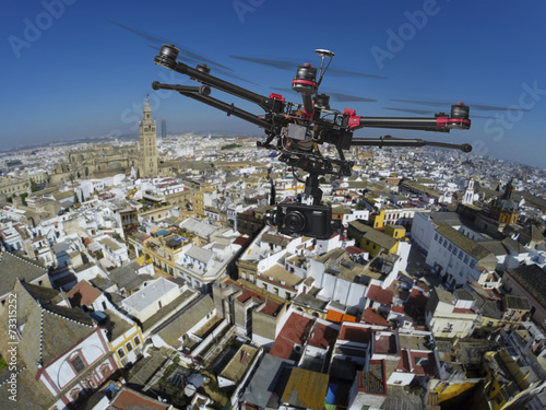 Drone flying over the roofs of Seville