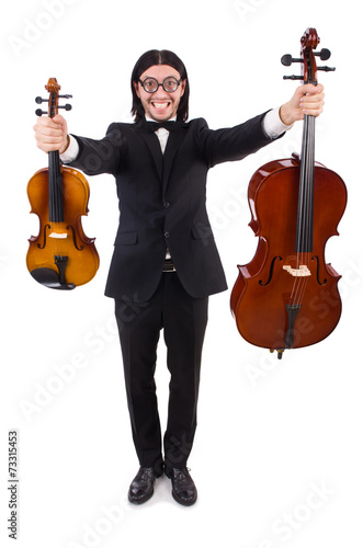 Funny man with music instrument on white