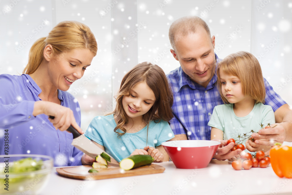 happy family with two kids making dinner at home happy family with two kids making dinner at home