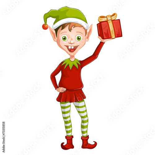 Cute Christmas elf holding a gift