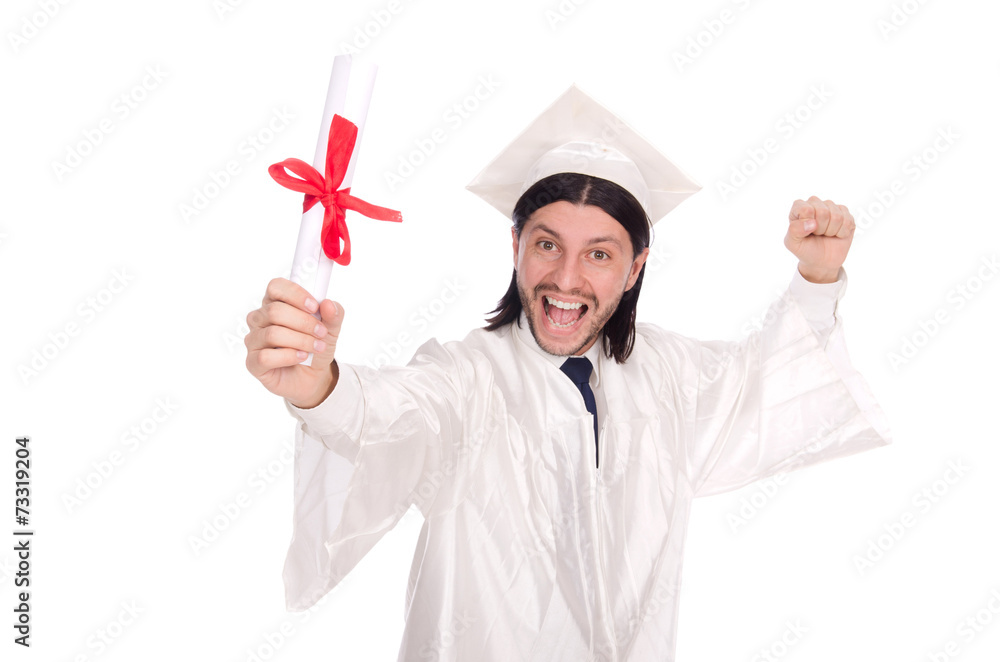 Young male student graduated from high school on white Young male student graduated from high school on white