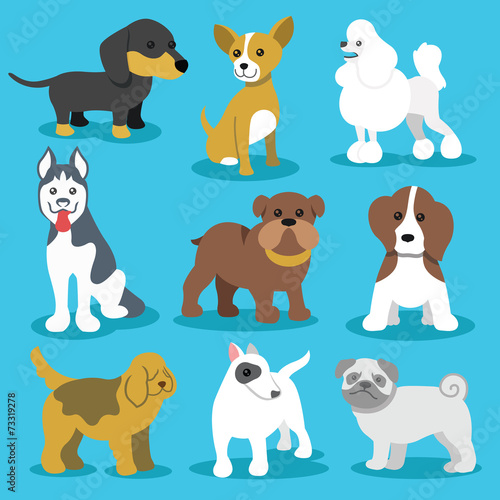 Vector Dogs Flat Icons Set Isolated on Blue Background