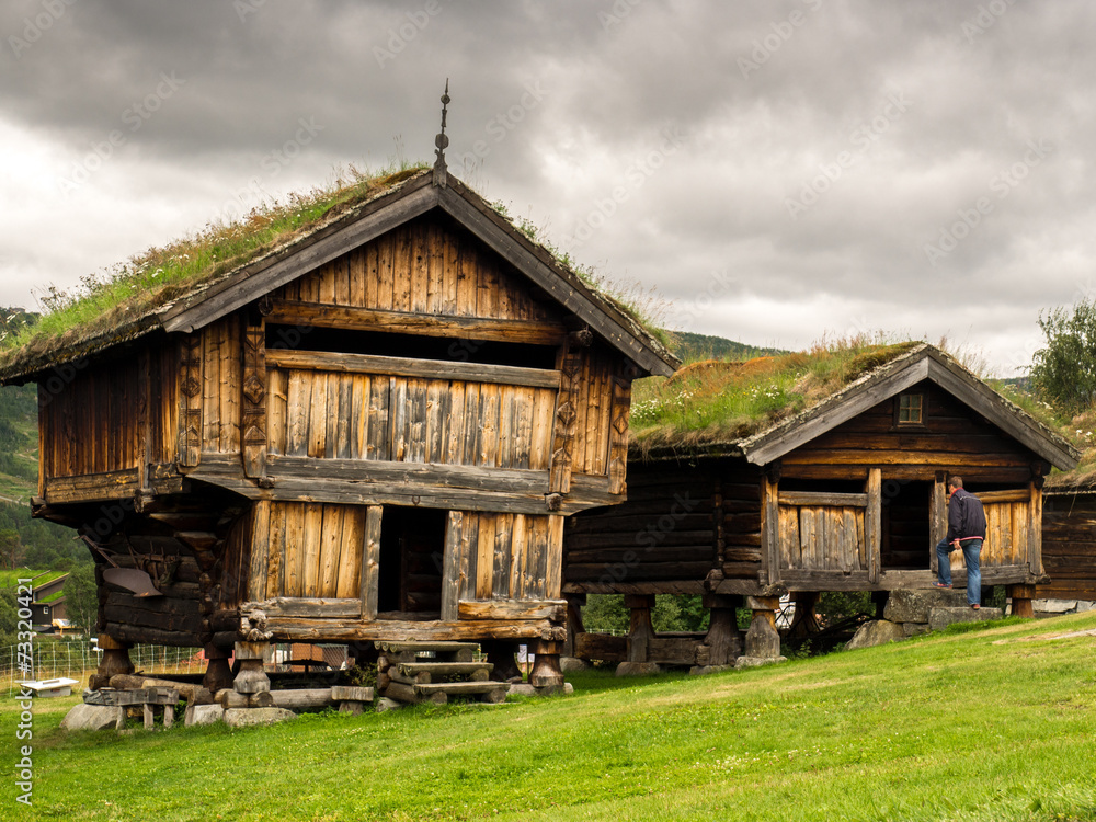 Old traditional Norwegian architecture with grass on the roof. Old traditional Norwegian architecture with grass on the roof.