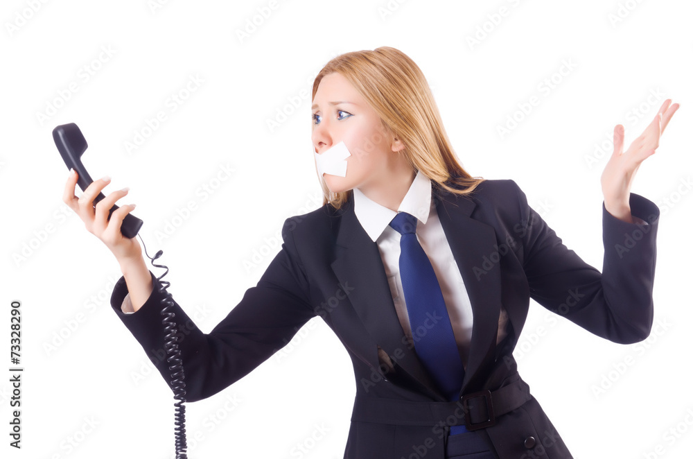 Woman with her mouth sealed isolated on white Woman with her mouth sealed isolated on white