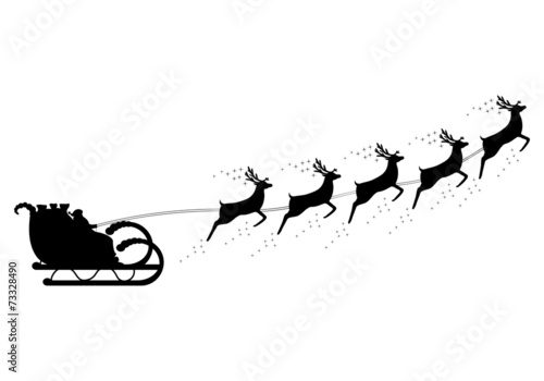 Santa Claus rides in a sleigh in harness on the reindeer
