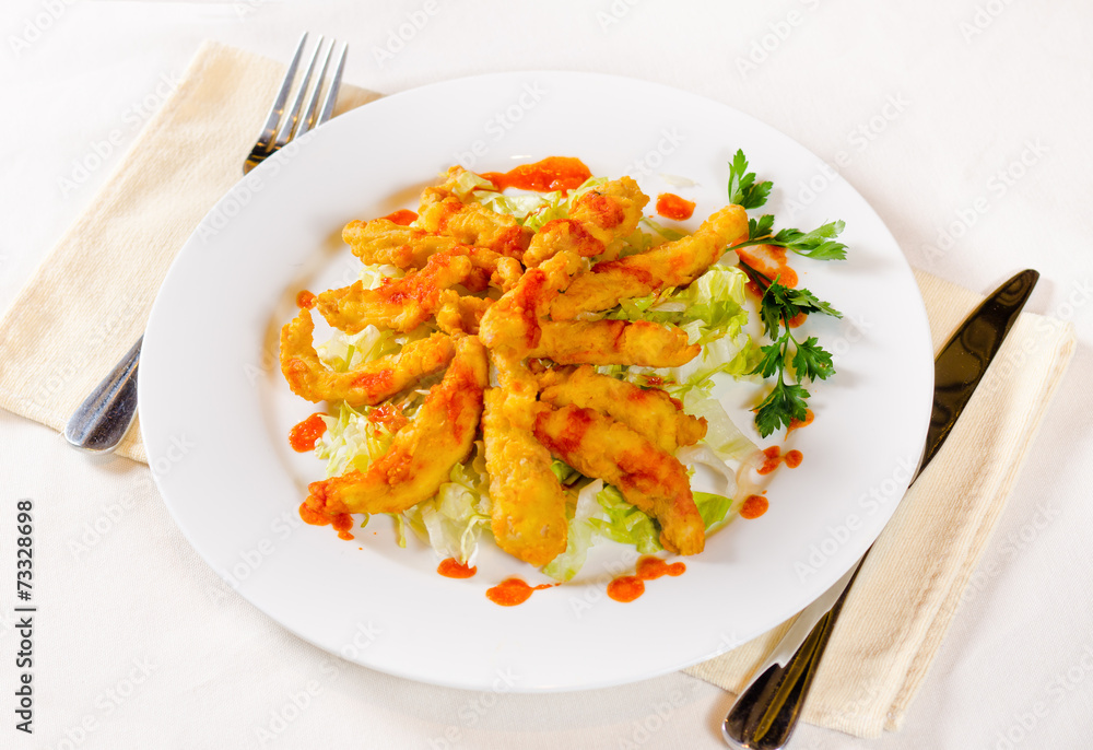 Close up Appetizing Main Course on White Plate Close up Appetizing Main Course on White Plate