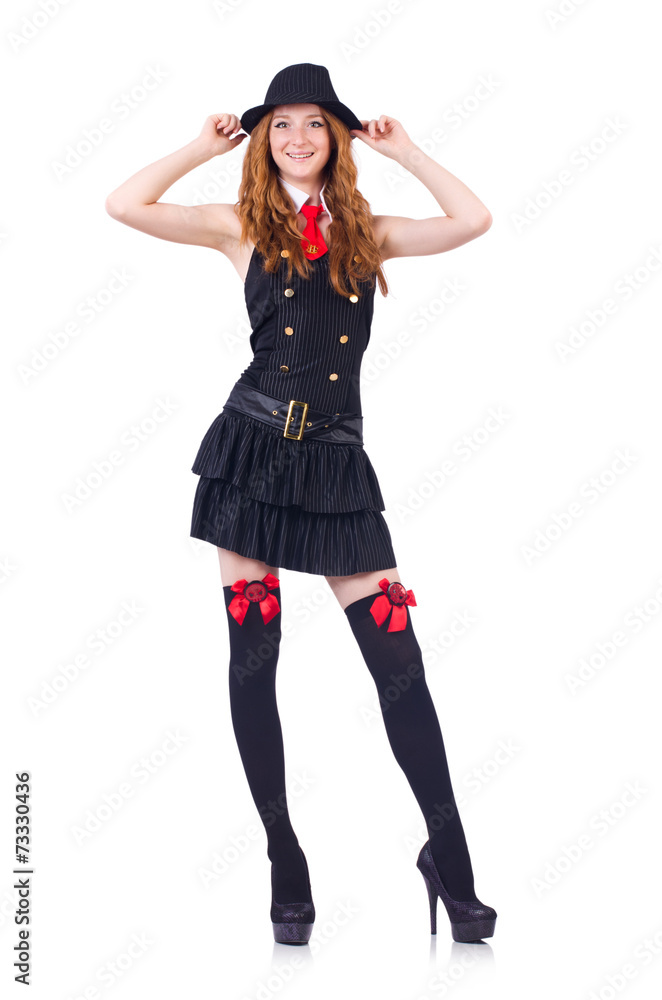 Woman dressed as gangster isolated on white Woman dressed as gangster isolated on white