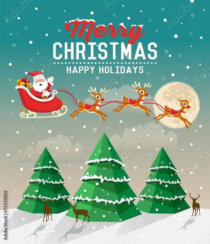 Snowy Christmas scene with Christmas tree and Santa Claus