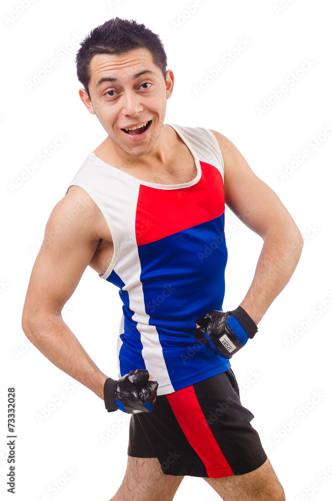 Funny man exercising on white Funny man exercising on white
