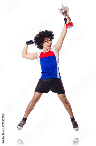 Funny man after winning gold cup isolated on white