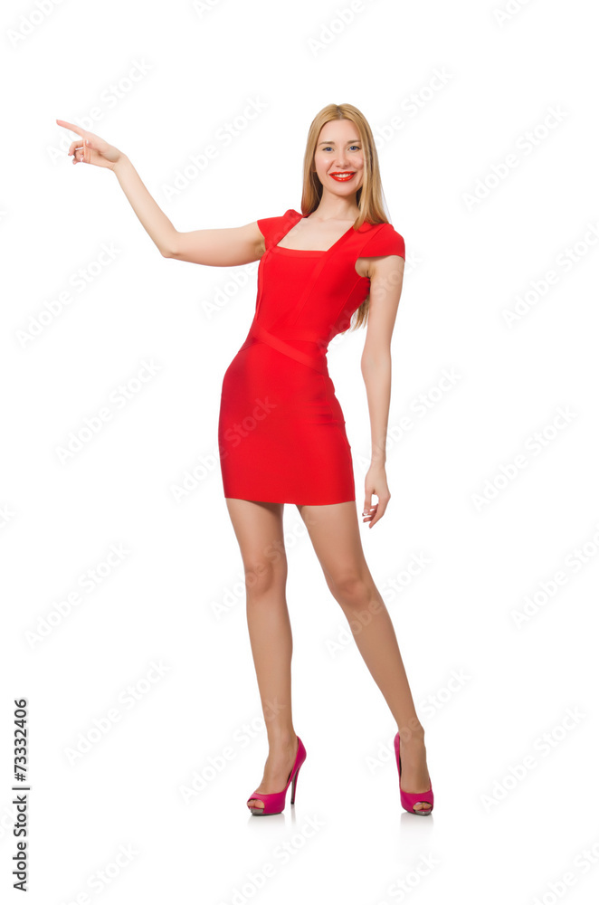 Woman pressing virtual button isolated on white Woman pressing virtual button isolated on white
