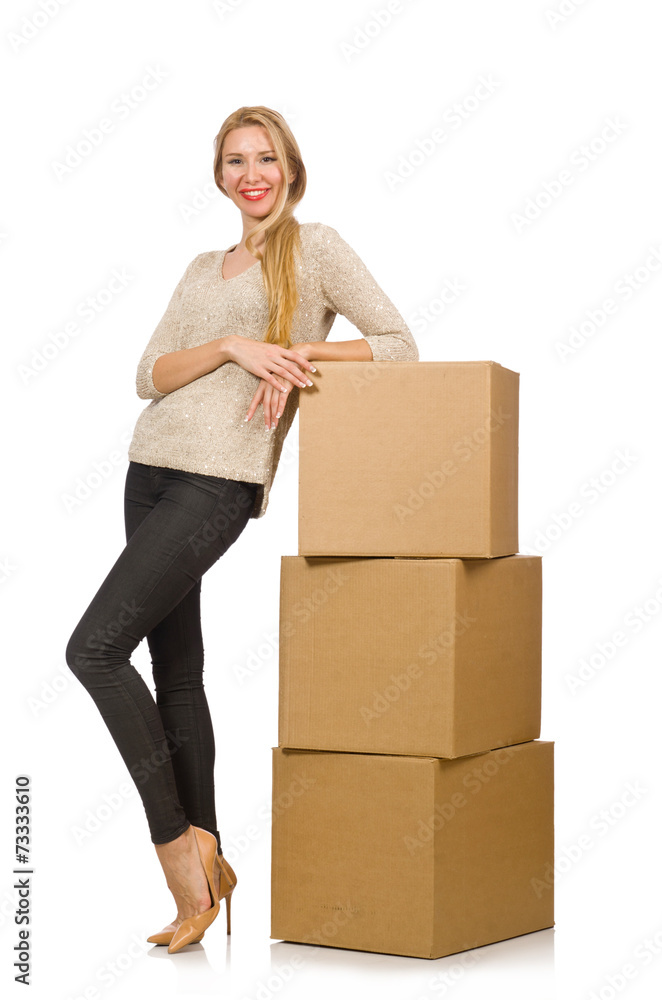 Woman with boxes relocating to new house isolated on white Woman with boxes relocating to new house isolated on white