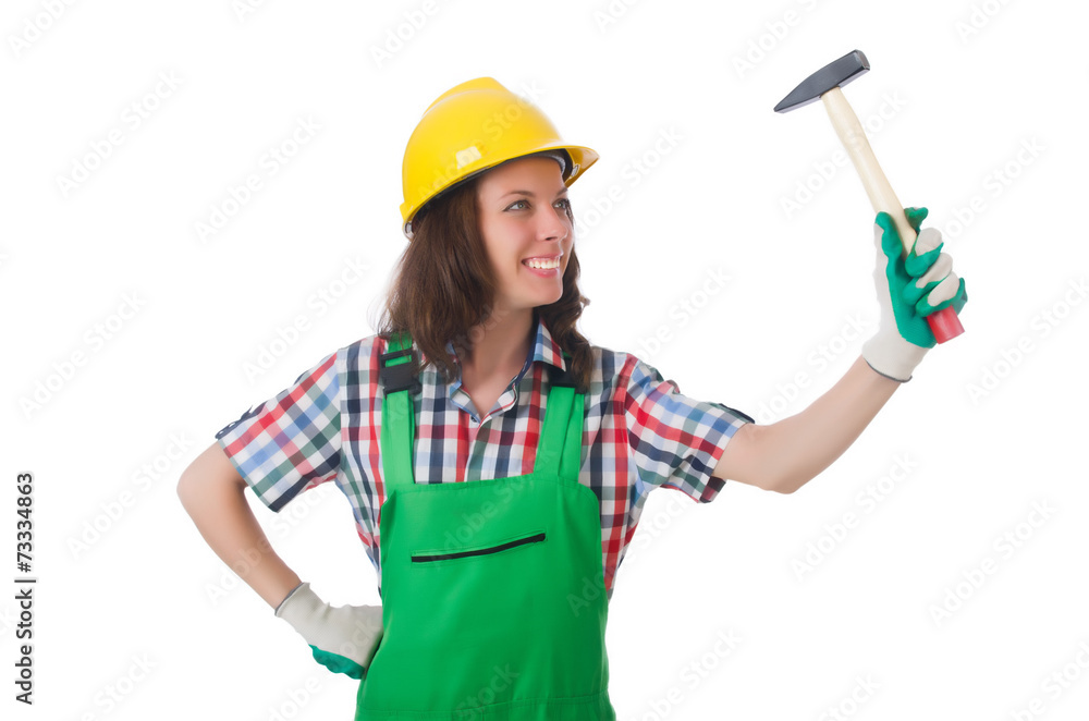 Young woman with hammer on white Young woman with hammer on white