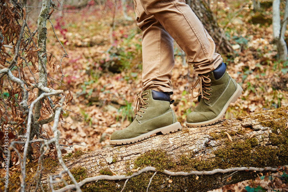 Hiker crossing on fallen tree trunk Hiker crossing on fallen tree trunk
