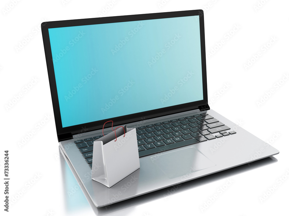 3d Laptop and White Shopping Bags. E-commerce concept 3d Laptop and White Shopping Bags. E-commerce concept