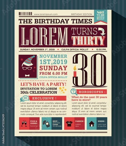 Happy Birthday Party card design layout in newspaper style