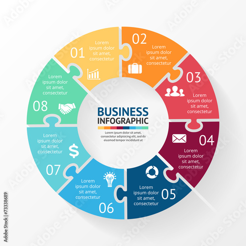 Circle puzzle infographic, diagram, steps, 8 options
