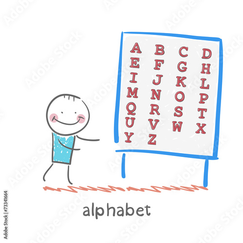 a man stands with alphabet