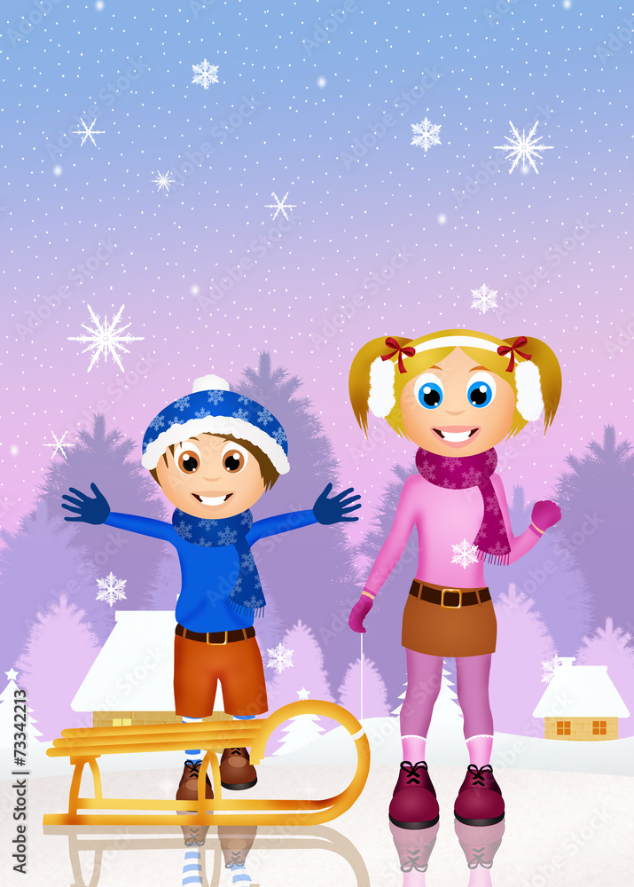 Fototapeta premium children with sleighs in the snow