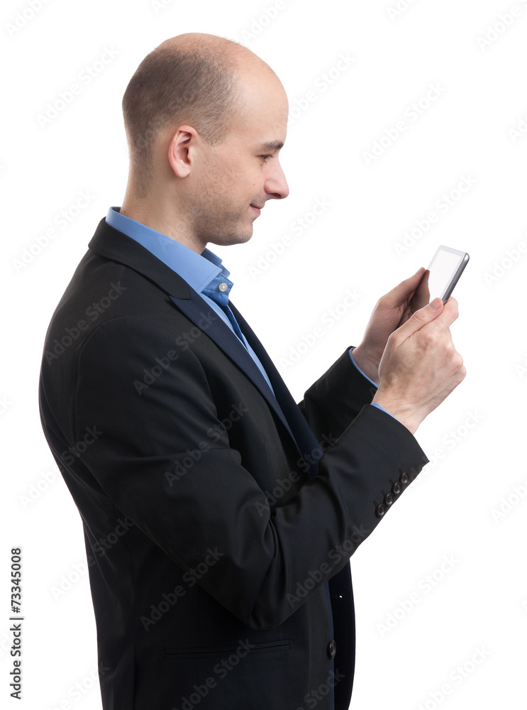 bald man with digital tablet bald man with digital tablet